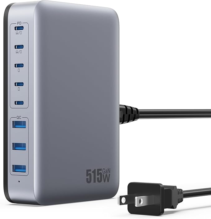 USB C Charger Block 515W[2025 Upgraded] GaN IV 8 Port Fast Charging Station Hub,Dual PD 100W USB C Laptop Charger Compatible with MacBook Pro/Air,iPad,iPhone 16/15,Galaxy S23/S24 Steam Deck Dell XPS