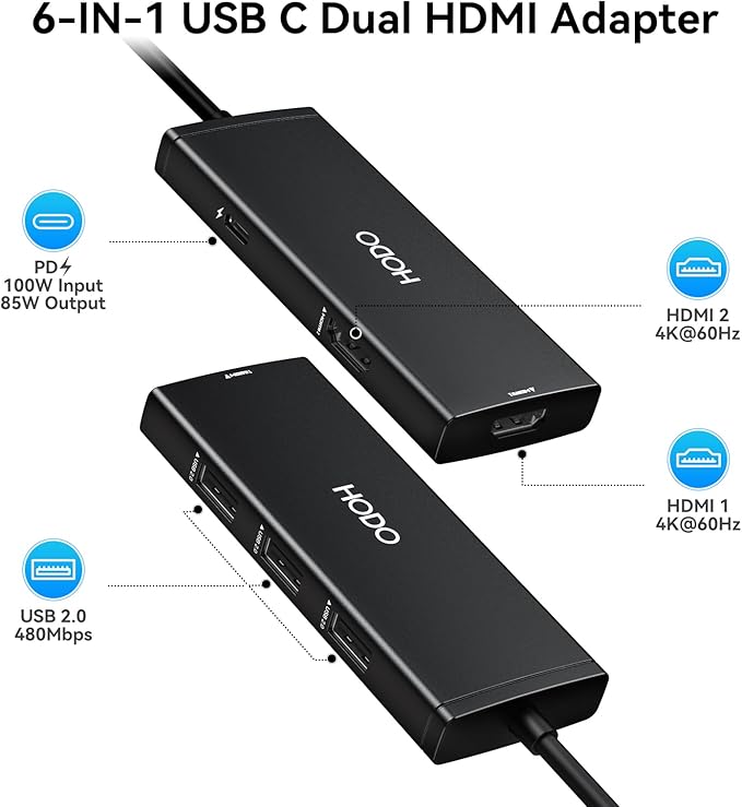 HODO Docking Station USB C to Dual HDMI Adapter, USB-C Hub with 2 Monitors for Laptop, Dongle Adapter with Dual HDMI 4K@60 Hz, 3 USB Port,PD Compatible for Dell XPS 13/15, etc (Black)