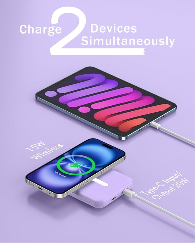 podoru for Magsafe Battery Pack, 5000mAh Magnetic Power Bank with Type-C Cable 20W PD Fast Charging Lighting Input Wireless Portable Charger for iPhone iPhone 17/16/15/14/13/12/ All Series-Purple