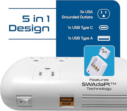 Ceptics 300W Travel Voltage Converter, 220V to 110V 50Hz to 60Hz Step Down for Curling Iron, Straightener, 1 USB, 1-USB-C 18W, SWadApt A B C E/F G I
