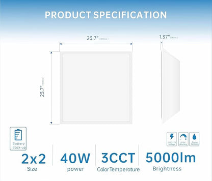 2X2 LED Flat Panel Light Emergency Battery Backup, 40W-3000K/4000K/5000K, 0-10V Dimmable, 4390 Lumens, LED Drop Ceiling Light, 100-277V, DLC and UL Listed, Ultra Thin Back-Lit (8 Pack)