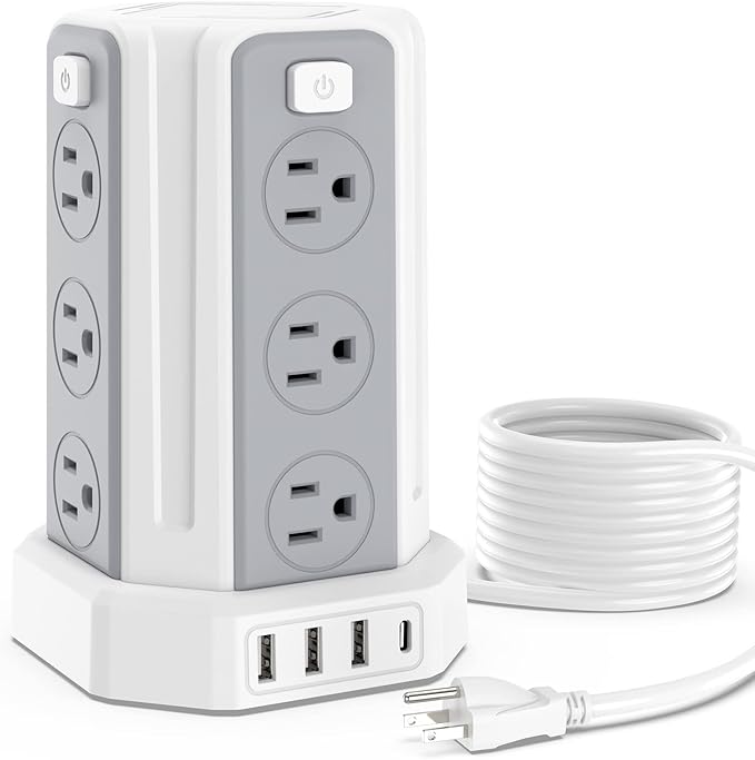 Power Strip Surge Protector, 10 Ft Extension Cord with 12 AC Multiple Outlets 4 USB (1 USB C), SMALLRT Power Tower Desktop Charging Station (White, 10 FT PD20W)