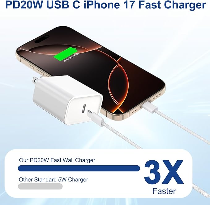 iPhone 17 16 15 Pro Max Charger Fast Charging 3Pack 20W Apple Fast Charger USB C Block with Cord for iPhone 17/17 Pro/17 Pro Max/17 Air/16/16e/16 Plus/16 Pro/16 Pro Max/15/15 Pro Max/iPad Pro/Air Pods