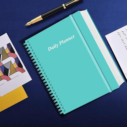 Daily Planner Undated - A4 To Do List Notebook Hourly Schedules, Spiral Appointment Planner for Women and Men,PVC Hardcover, Inner Pocket, Elastic Closure, 8.5" x 11", Teal