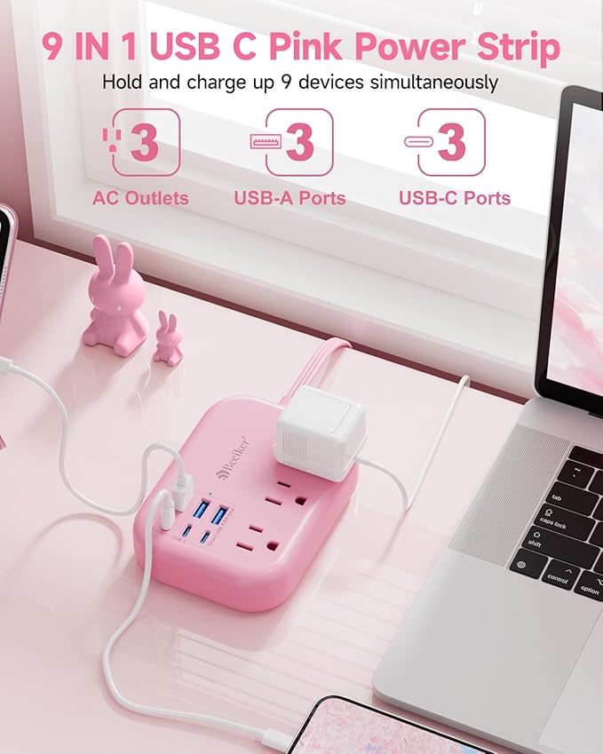 6 USB(3 USB C) Pink Power Strip- 5Ft Extension Cord with 6 USB Charging Station 24W/4.8A and 3 Outlets, Desk Accessories for Cruise Travel Pink Cute Kawaii College Dorm Desk Home Essentials