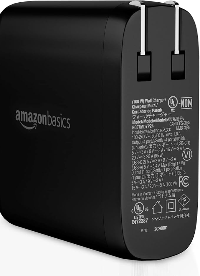 Amazon Basics 100W Four-Port GaN Wall Charger w/ 2 USB-C (100W,18W) & 2 USB-A Ports (12W) w/PD for Laptops, Tablets & Phones (iPhone 16/15/14/13/12/11/X, iPad, Mac, Samsung, and More), Non-PPS, Black