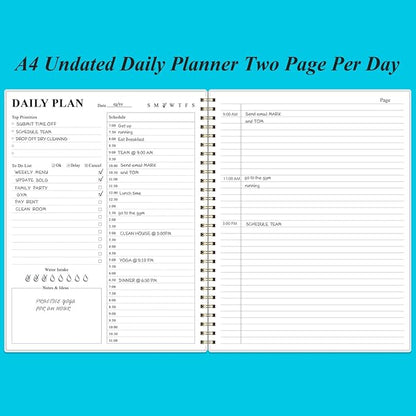 Daily Planner Undated - 8.5" x 11" To Do List Notebook Hourly Schedules, 150 Sheets/300 Pages Spiral Appointment Planner for Women and Men ,PVC Hardcover, Inner Pocket, Elastic Closure, Blue