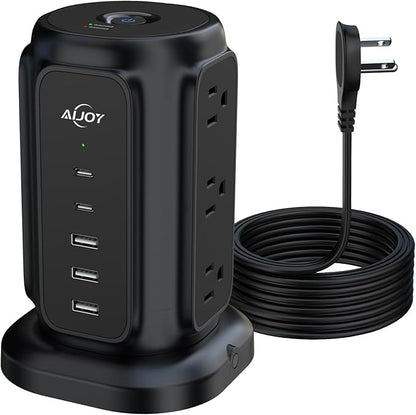 AiJoy Power Strip Tower with 9 AC Outlets and 5 USB Ports (2 USB-C), Flat Plug 1625W 6.5ft Extension Cord, 1200J Surge Protector Charging Station for Home, Office & Dorm