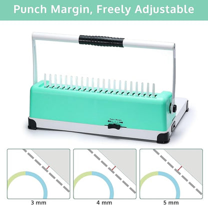 OFFNOVA Binding Machine, 21-Hole 450 Sheets Paper Comb Binding Machine for Letter Size / A4 / A5 Paper, Easy to Punch Handle, Adjustable Margin, Book Binder with 100 PCS 3/8'' Comb Binding Spines