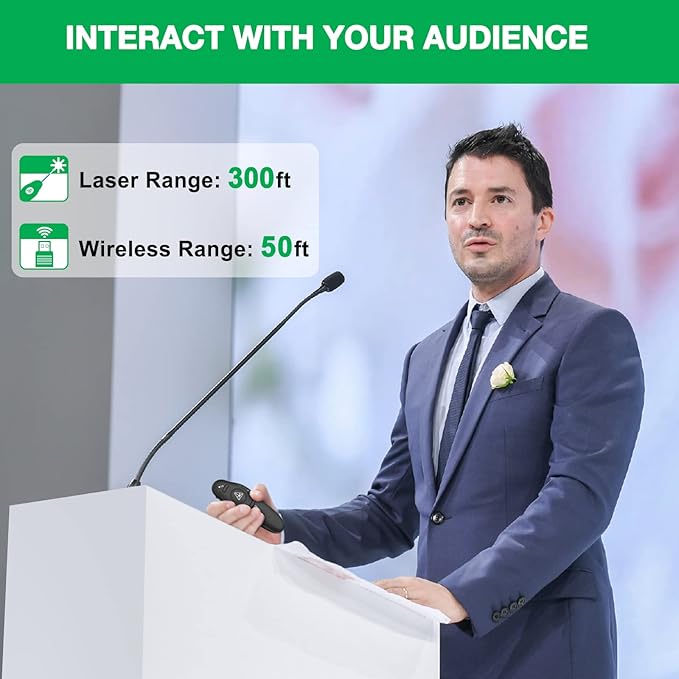 Rechargeable Presentation Clicker Wireless Presenter Remote USB Control Powerpoint PPT Clicker,Green Laser Pointer RF 2.4GHz Presenter Remote Google Slide Advancer for Computer/Laptop/Mac/Keynote
