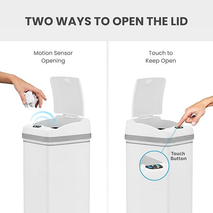 iTouchless 13 Gallon Kitchen Trash Can with Odor Filter, Automatic Motion Sensor Bin, Soft-Close Stainless Steel, Slim Wastebasket for Narrow Spaces, White