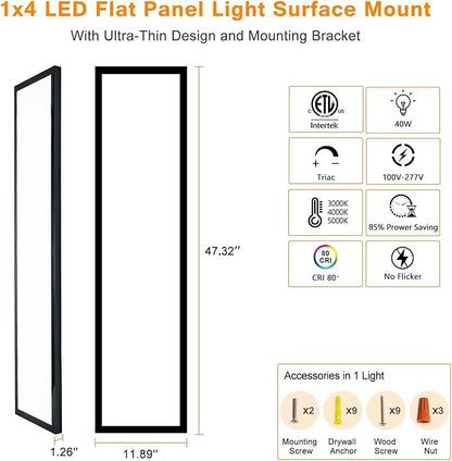 Mcacggo Black 1x4 LED Flat Panel Light Surface Mount, 5000K-4000K-3000K Selectable & Triac Dimmable, Rectangular Flush Mount Ceiling Light for Kitchen Garage, 40W, 100-277V, ETL, 2 Pack