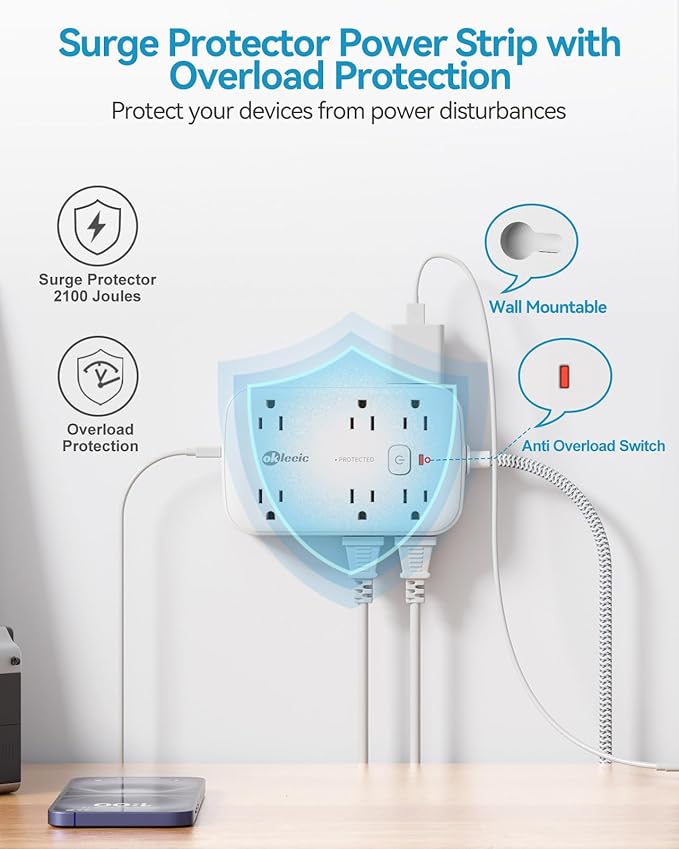 Power Strip with USB, 2100J Surge Protector Flat Plug Extension Cord 5ft, 12 Outlets & 6 USB(3 USB C)Charging Station, 3 Side Outlet Extender Wall Mountable for Tablet Laptop Computer Multiple Devices