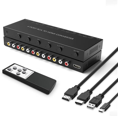 RuiPuo 4Port AV to HDMI Converter, 4Port AV to HDMI Switcher with IR Remote, Support 16:9/4:3 and Quick Switch Compatible with WII/N64/SNES/Xbox/PS1/PS2/PS3/VHS/VCR/DVD Players etc.(4AV In-1HDMI Out)