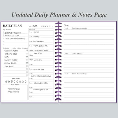Daily Planner Undated - A5 To Do List Notebook Hourly Schedules, Spiral Appointment Planner for Women and Men, PVC Hardcover, Inner Pocket, Elastic Closure, 5.8" x 8.3", Purple