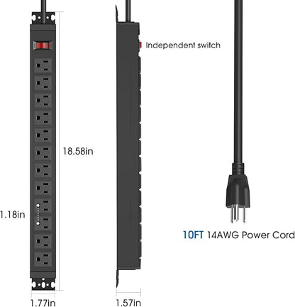 HHSOET 2 Pack Rotating Mountable Power Strip, 12 Outlet Wall Mount Surge Protector, Metal Heavy Duty and Versatile Outlet Strip, Stylish Appearance, Sturdy and Durable, 10ft Power Cord.(Black)