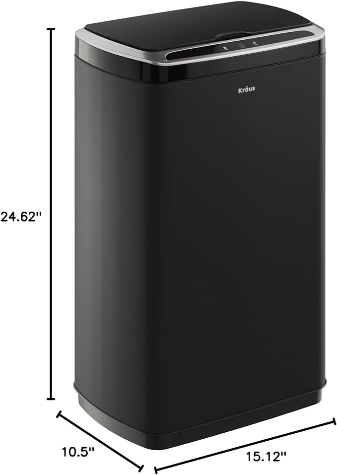 Kraus GarbagePro Rectangular 13 Gallon Hands-Free Motion Sensor Trash Can Battery Operated in Matte Black Finish with SoftShut Touchless Lid, KTCS-10MB