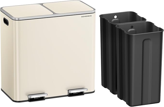SONGMICS Trash Can, 2 x 10.6 Gallon (2 x 40 L) Garbage Can for Kitchen, with 15 Trash Bags, 2 Compartments, Plastic Inner Buckets and Hinged Lids, Airtight, Almond Color ULTB730A01V1