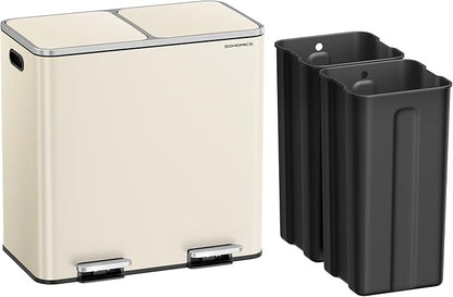 SONGMICS Trash Can, 2 x 10.6 Gallon (2 x 40 L) Garbage Can for Kitchen, with 15 Trash Bags, 2 Compartments, Plastic Inner Buckets and Hinged Lids, Airtight, Almond Color ULTB730A01V1