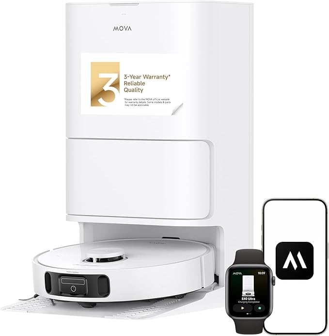 Mova E40 Ultra Robot Vacuum and Mop, 19,000Pa Suction, Extenable & Liftable Mop, All-in-One Station, Auto-Empty, Auto Washing & Hot Air Drying, 360°Obstacle Avoidance, App & Voice Control