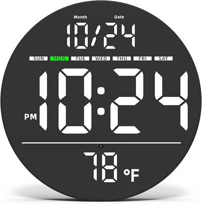 Digital Wall Clock with Large LED Display, Date, Temperature, Auto-Brightness | Small [PLUG-IN] Clock | Modern Electric Wall Clock for Bedroom, Classroom, Living Room, Home, Office, Farmhouse – White