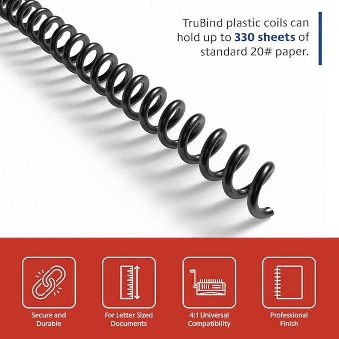 TruBind 38mm (1-1/2 in.) Spiral Binding Coils for Reports, Presentations and Proposals | 4:1 Pitch | 12 in. Length | Black | 330 Sheets Binding Capacity | 50 Pack