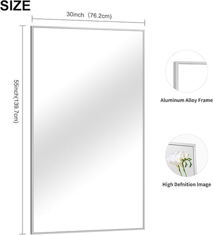 30x55In Silver Bathroom Mirror for Wall, Brushed Nickel Rectangle Mirrors with Metal Frame, Bathroom Rectangular Mirror Modern Wall Mirror for Bedroom Living Room, Hangs Horizontal or Vertical