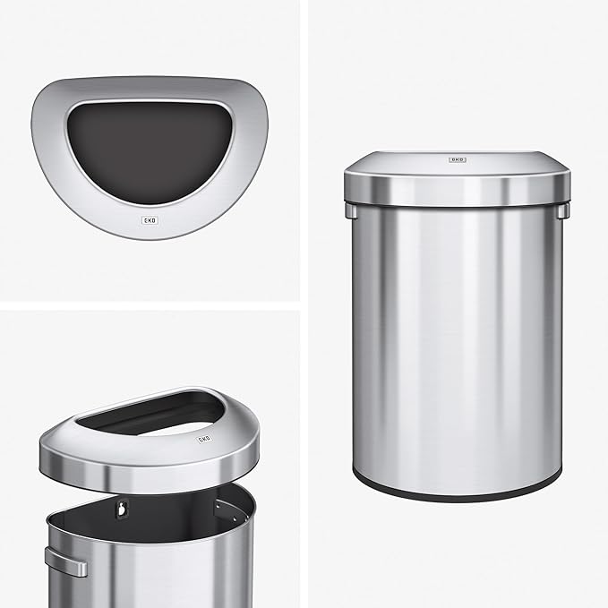 EKO Urban 16 Gallon Semi-Round Open Top Waste Bin, Stainless Steel Half Round Commercial Trash Can for Indoor and Outdoor, Extra Large Metal Garbage Bin for Home, Office, Restaurant, Restroom, 60L