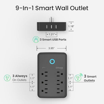 GHome Smart Plug Outlet Extender, USB Wall Charger with 3 Individual Smart Outlets and 3 Smart USB Ports, Works with Alexa Google Home, Surge Protector Plug Extender for APP Control,15A/1800W