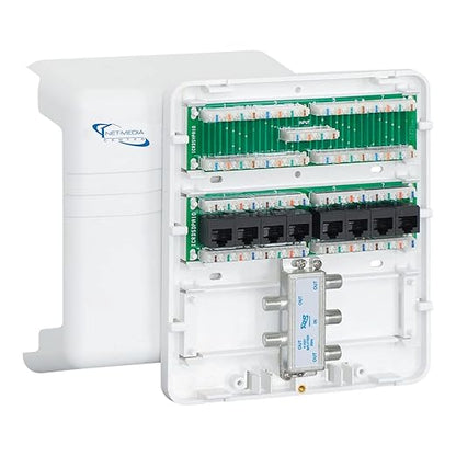 ICC Compact Plastic Structured Media Enclosure, Small Media Enclosure Box with CAT5e 8-Port PoE++, 1x8 Bridged Telephone, & 1x4 Video, 7.5 x 6.5 x 3.5 Inch, UL Listed TAA Compliant, ICRDSMMBK1