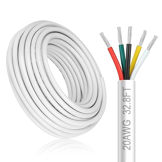 20 Gauge 5 Conductor Electrical Wire, 32.8FT White Stranded Low Voltage 20/5 Cable PVC Case, 20 AWG Tinned Copper 5 Wire Cable Extension Power Cable for Strips LED Lamp Lighting Automotive