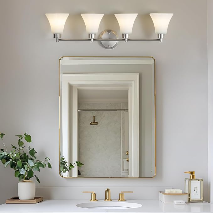 LOUSACE 4 Light Bathroom Vanity Light Brushed Nickel Bathroom Lighting Fixtures Over Mirror with Opal White Frosted Glass, Vintage Traditional Wall Lighting Fixture Satin Nickel Vanity Lights