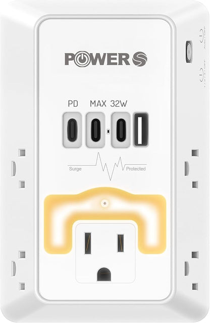 20W PD Fast Charging Wall Outlet with USB Ports (3C1A), Electrical Outlet Extender with Night Light, Surge Protector, Wall Plug Adapter for Multiple Devices, Wall Socket Expander