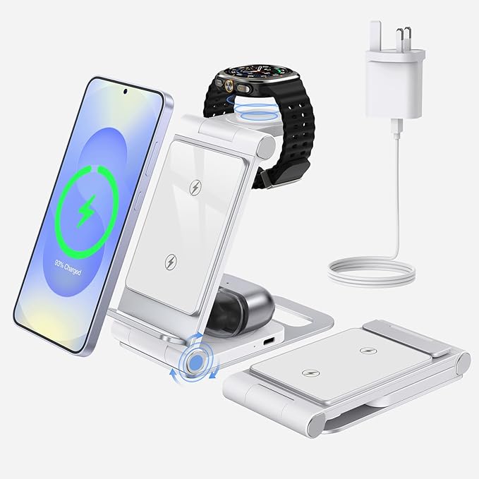 Wireless Charger for Samsung 3 in 1 Wireless Charging Station Foldable Wireless Charger Stand for Galaxy S25 S24 S23 S22 S21 Ultra/Plus Z Flip Z Fold 7 6 5 4 3 for Galaxy Watch/Galaxy Buds