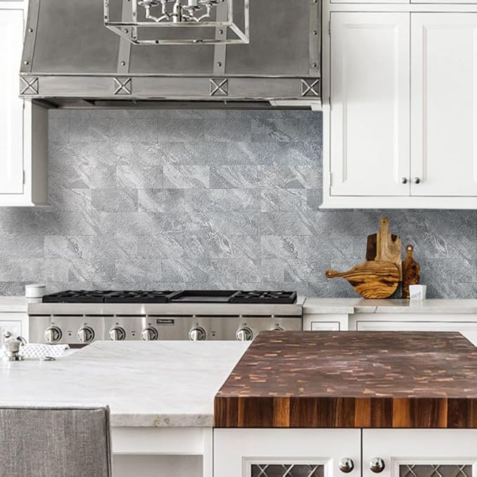 AULIGET 100-Piece Peel and Stick Backsplash Wall Tiles, 3" x 6" PVC Grey Marble Faux Stick on Tiles for Backsplash Kitchen, Bathroom, Laundry Room, Camper, Fireplace
