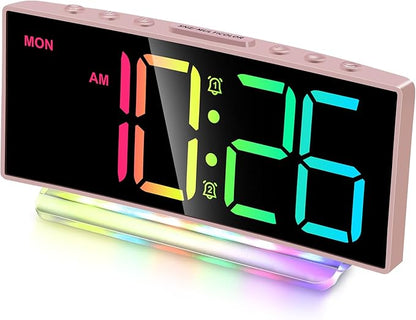 Cadmos Modern Curved Cute Digital Alarm Clock,Colorful Led Display,Adjustable Volume,Weekday/Weekend Mode,Simple Clock for Bedrooms Bedside,Ok to Wake Up for Girls,Kids,Teens (Pink+Dynamic)