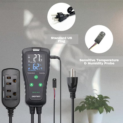 DIGITEN DHTC1011 Humidity and Temperature Controller Plug-in Thermostat Humidistat Outlet Humidity Controller Greenhouse Thermostat Cooling Heating Humidifier Dehumidifier