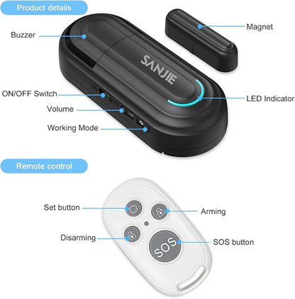 SanJie Door Alarm for Kids Safety with Remote,Wireless Door Chimes When Door Opens for Home/Dementia Patients/Pool,0-120 dB Volume Ajustable 4 Working Modes(2 Remote & 2 Sensor)