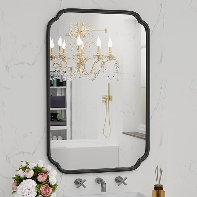 Black Bathroom Vanity Mirrors for Over Sink 24" x 36" Modern Rounded Corner Rectangle Mirror with Non-Rusting Iron Metal Framed Wall Mounted Decorative Mirror (Horizontal/Vertical)