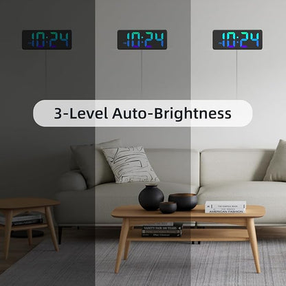 LED Digital Wall Clock with Dynamic RGB Display, Big Digits, Auto-Brightness, 12/24Hr Format, Modern Electric Small Silent Wall Clock for Living Room, Bedroom, Classroom, Farmhouse, Kitchen, Office