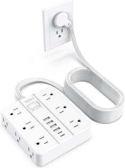 Flat Plug Power Strip Surge Protector, Flat Extension Cord Indoor 20 Feet， HUNIAN 12 Widely Spaced Outlets with 6 USB (2 USB C Ports), Desk Charging Station for Home Office Supplies, White