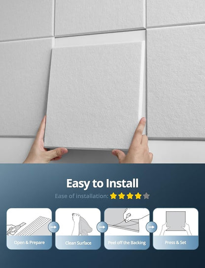 Square Acoustic Wall Panels, Sound Absorbing Panels for Walls, Ceiling, Doors, 12 Pack 12"x12"x0.4" Self Adhesive Decorative White Acoustic Tiles for Recording Studio, Office, Room, Home
