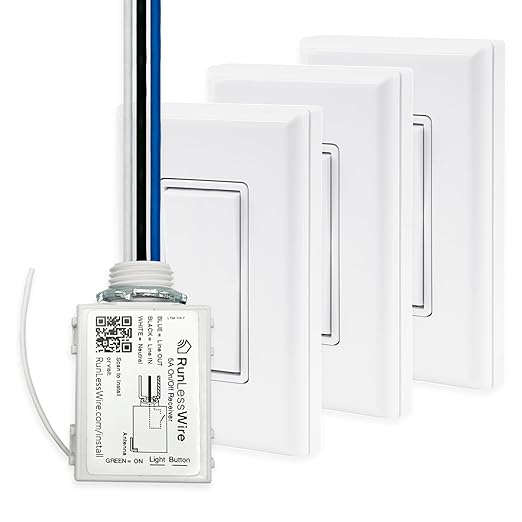 RunLessWire 4-Way Battery-Free DIY Wireless Light Switch Kit 150ft RF Range Self-Powered by Kinetic Energy for Hallways & Stairways: 3 Remote Switches Control 1 5A On/Off Receiver – White