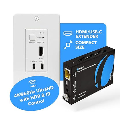 OREI 4K HDMI/USB-C Extender, Over Single Cat6/Cat7 Cable Wall Plate Transmitter 4K @ 60Hz UltraHD with HDR & IR Control - Up to 165 ft