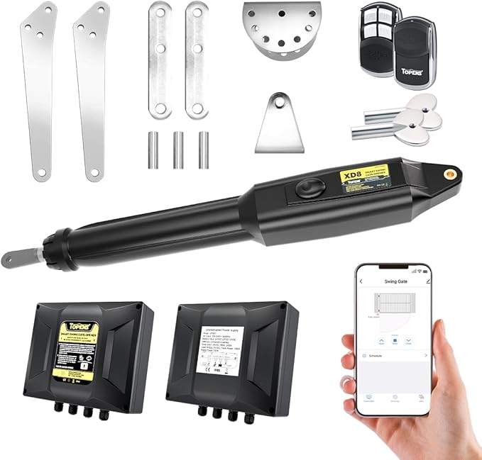 TOPENS XD851 Smart Gate Opener for Heavy Duty Single Swing Gates Up to 18ft, Automatic Gate Opener with App Control AC Powered Remote Control Kit Solar Compatible