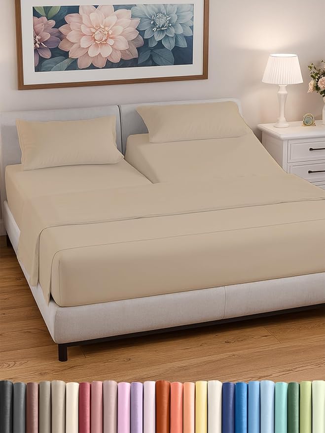 Split Head King Sheets Set - Top Split King Sheets for Adjustable Beds, Easy-Fit Split Head King Mattress - Flex Split Top King Sheets, Easy-Fit, Breathable, Deep Pocket Split King Sheets Set - Wheat