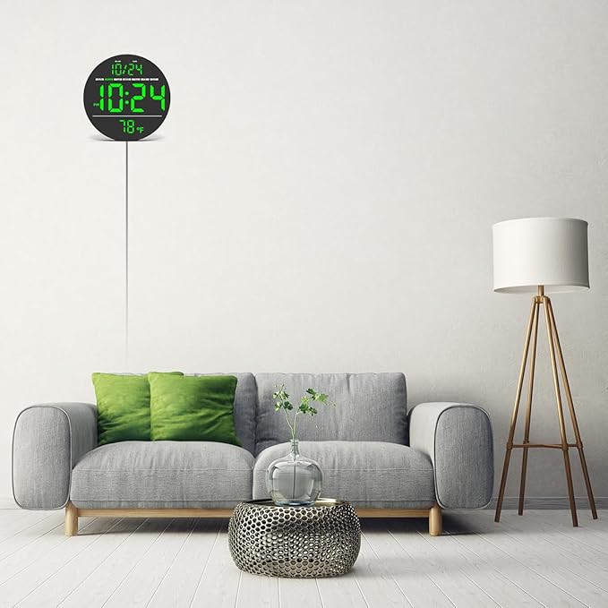 Digital Wall Clock with Large LED Display, Date, Temperature, Auto-Brightness | Small [PLUG-IN] Clock | Modern Electric Wall Clock for Bedroom, Classroom, Living Room, Home, Office, Farmhouse – Green