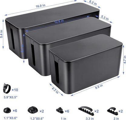 Cable Organizer Box Set of Three, Power Cover Cord Holder Surge Protector for Desk (Black)
