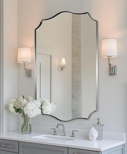 ANDY STAR Brushed Nickel Bathroom Mirror, 28x36 Inch Asymmetrical Wall Mirror, Modern Rectangle Mirror with Unique Wavy Design Ideal for Home Decor, Premium Stainless Steel Metal