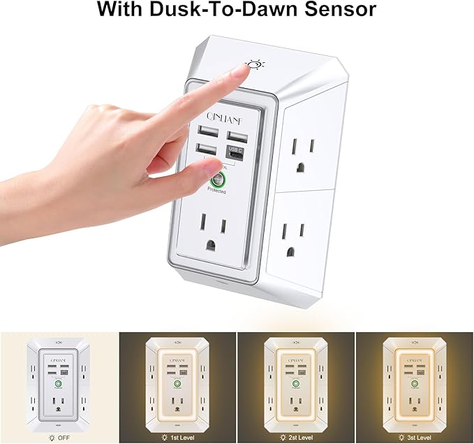 3-Sided Outlet Extender with Night Light - QINLIANF Multi Plug Outlet with 5 Outlets and 4 USB Ports(1 USB-C), USB Wall Charger for Home, Office, Travel, ETL Listed, White